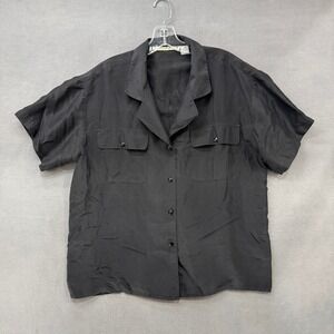 Vtg Justin Allen Shirt Women Medium Black 100% Sand Washed Silk Button Down